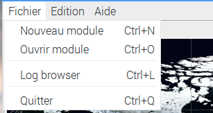 Menu Fichier de Gpredict. Le menu affiche Nouveau module, Ouvrir module, Log Browser et Quitter