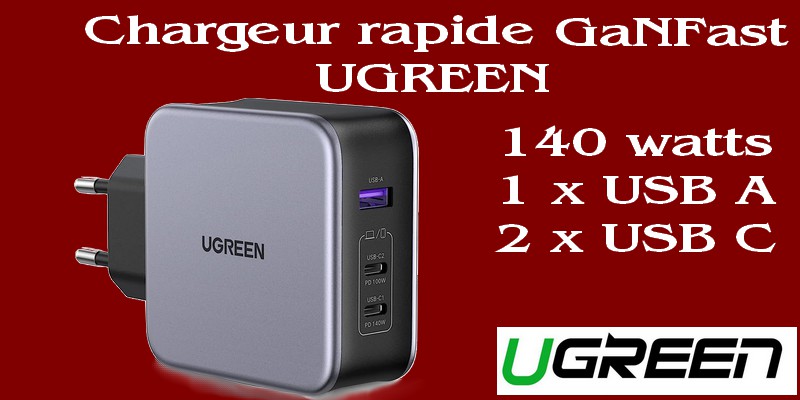 Chargeur rapide Ugreen GaN USB / USB C 140W + câble USB C 1.5m (CD289)