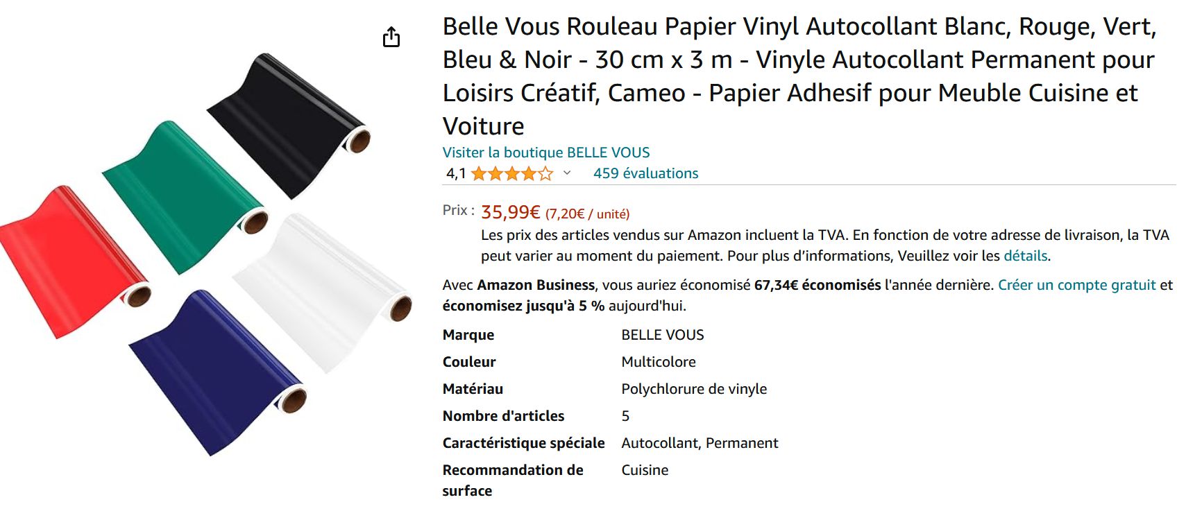 Belle Vous Rouleau Papier Vinyl Autocollant Blanc, Rouge, Vert, Bleu & Noir  - 30 cm x 3 m - Vinyle Autocollant Permanent pour Loisirs Créatif, Cameo -  Papier Adhesif pour Meuble Cuisine